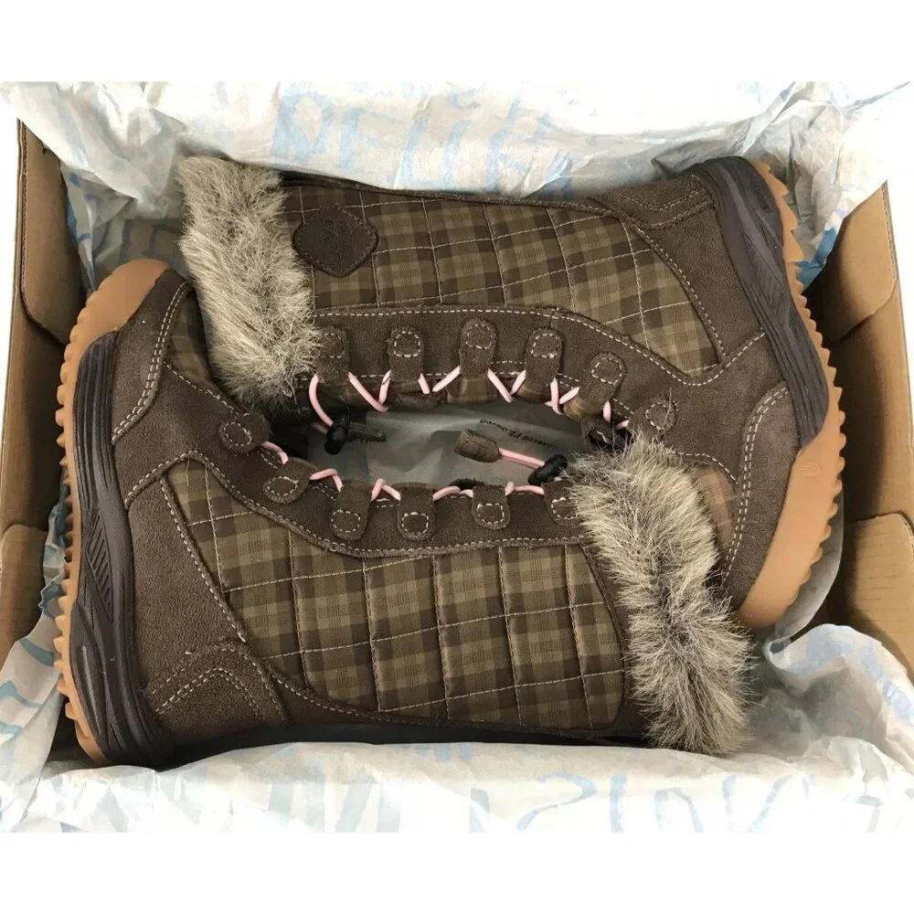Teva Girls Lenawee‎ Boots Toddlet Size 10 Tall Faux Fur Plaid Lace Up Brown Pink